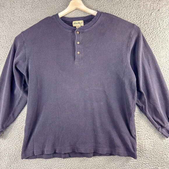 Eddie Bauer Henley Shirt Mens‎ Large Blue Waffle Knit Outdoor Workwear Camp - Picture 1 of 10